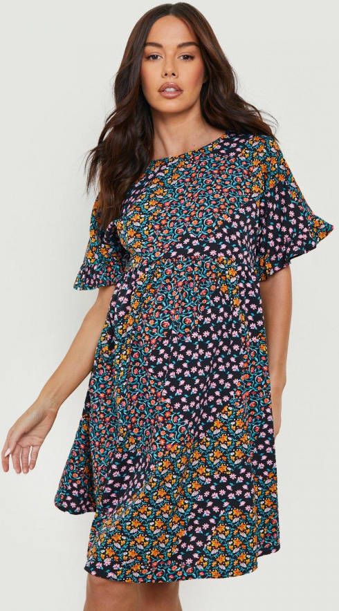 boohoo Zwangerschap Gesmokte Bloemenprint Jurk Met Ruches, Black
