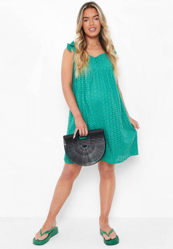 boohoo Zwangerschap Gesmokte Broderie Jurk, Green