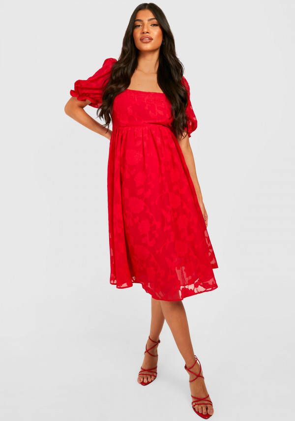 boohoo Zwangerschap Gesmokte Burnout Bloemen Jurk Met Pofmouwen, Red