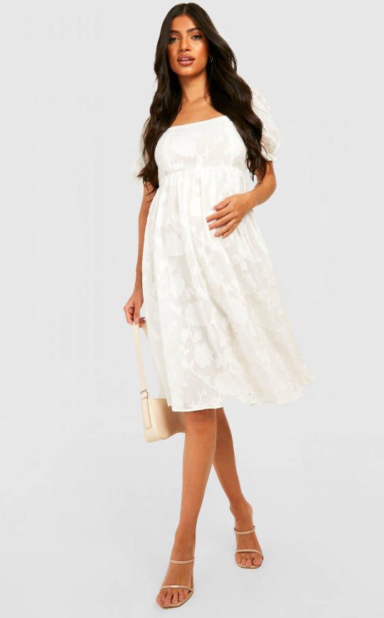 boohoo Zwangerschap Gesmokte Burnout Bloemen Jurk Met Pofmouwen, White
