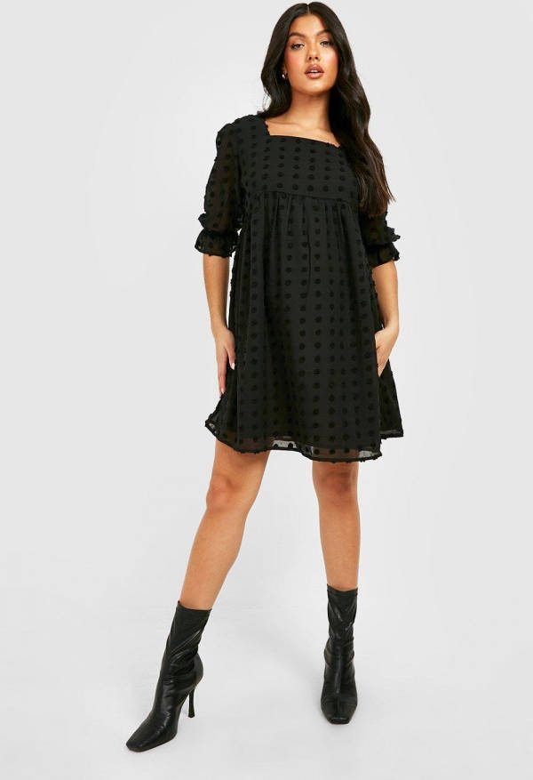 boohoo Zwangerschap Gesmokte Dobby Jurk Met Pofmouwen, Black