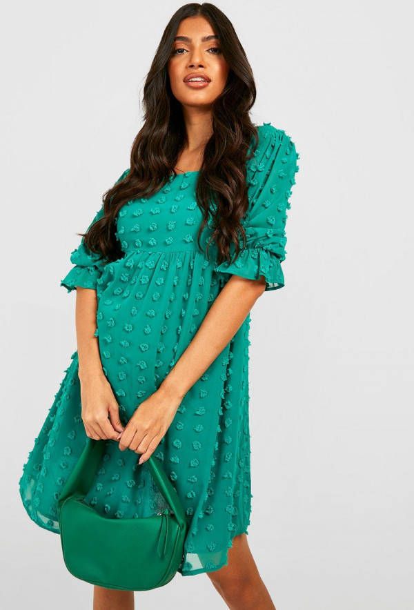 boohoo Zwangerschap Gesmokte Dobby Jurk Met Pofmouwen, Green