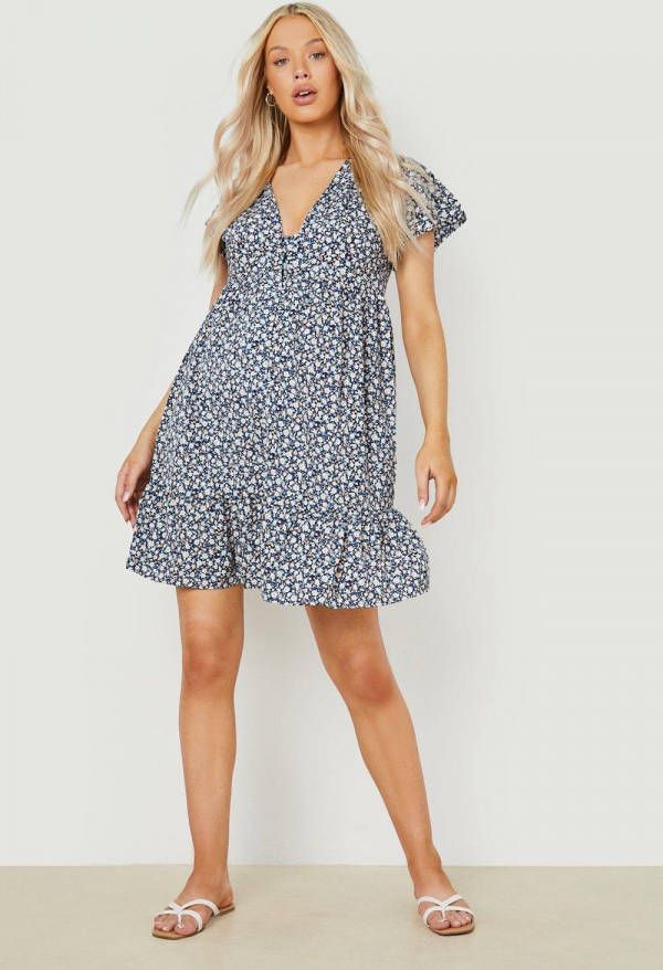 boohoo Zwangerschap Gesmokte Doorknoop Jurk Met Engelenmouwen, Navy