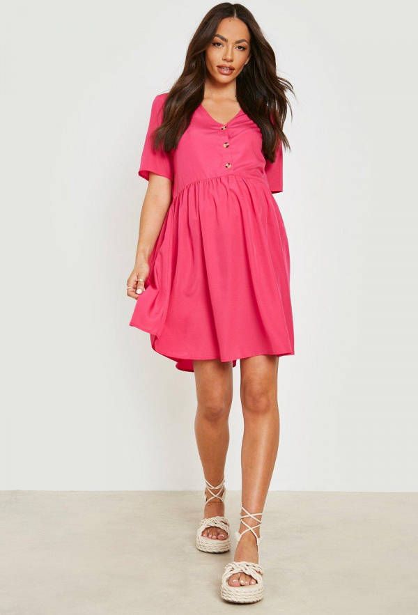 boohoo Zwangerschap Gesmokte Jurk Met Knopen, Fuchsia