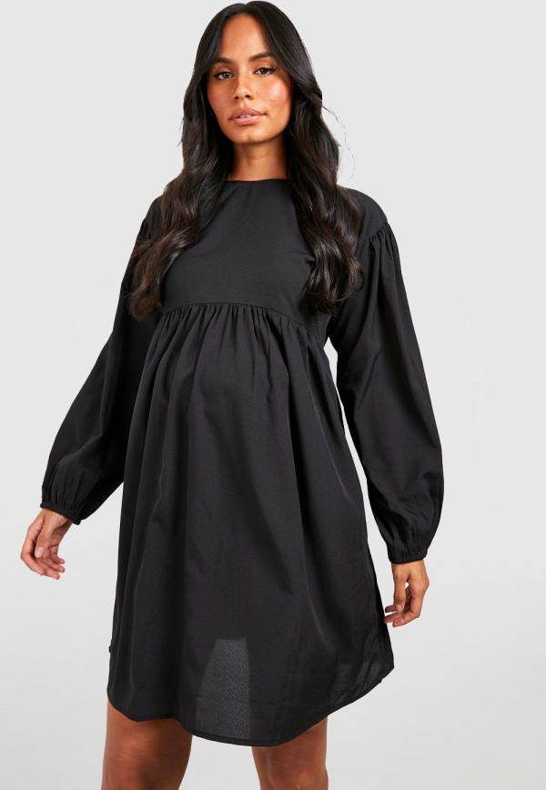 boohoo Zwangerschap Gesmokte Jurk Met Pofmouwen En Gekruiste Rug, Black