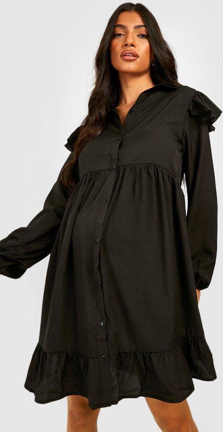boohoo Zwangerschap Gesmokte Jurk Met Ruches, Black