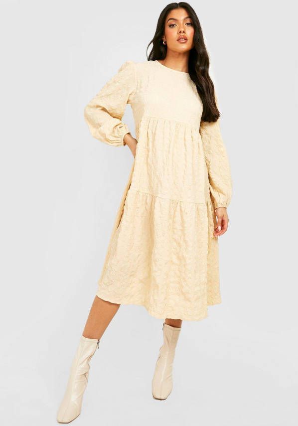 boohoo Zwangerschap Gesmokte Jurk Met Textuur En Laagjes, Stone