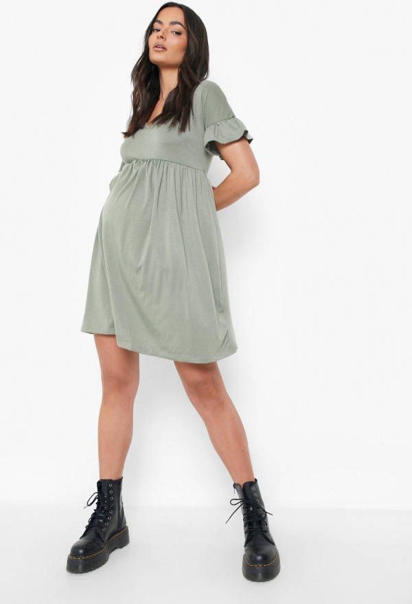 boohoo Zwangerschap Gesmokte Jurk Met V Hals, Khaki