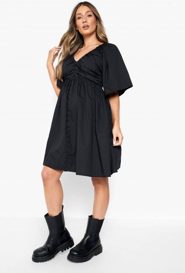 boohoo Zwangerschap Gesmokte Katoenen Jurk Met Knopen, Black