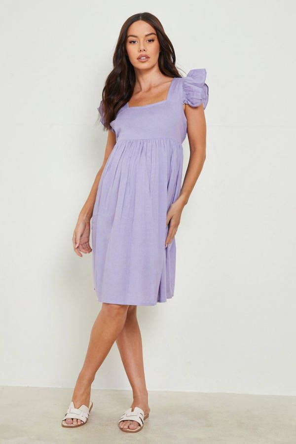 boohoo Zwangerschap Gesmokte Linnen Jurk Met Geplooide Mouwen, Purple