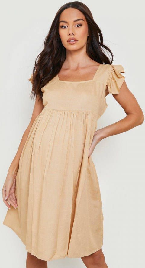 boohoo Zwangerschap Gesmokte Linnen Jurk Met Geplooide Mouwen, Stone