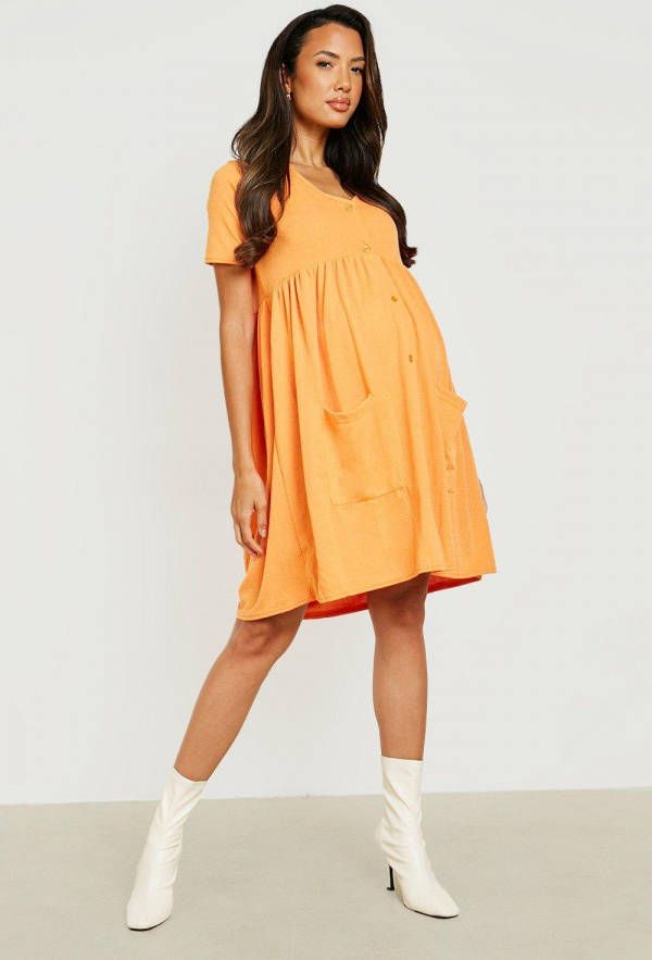 boohoo Zwangerschap Gesmokte Linnen Look Jurk Met Knopen, Orange
