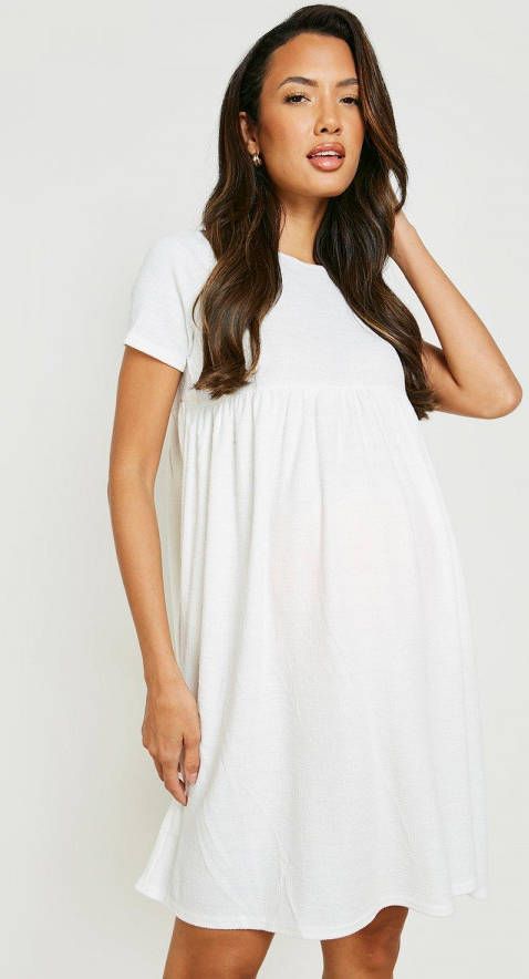 boohoo Zwangerschap Gesmokte Linnen Look Jurk Met Korte Mouwen, Ivory