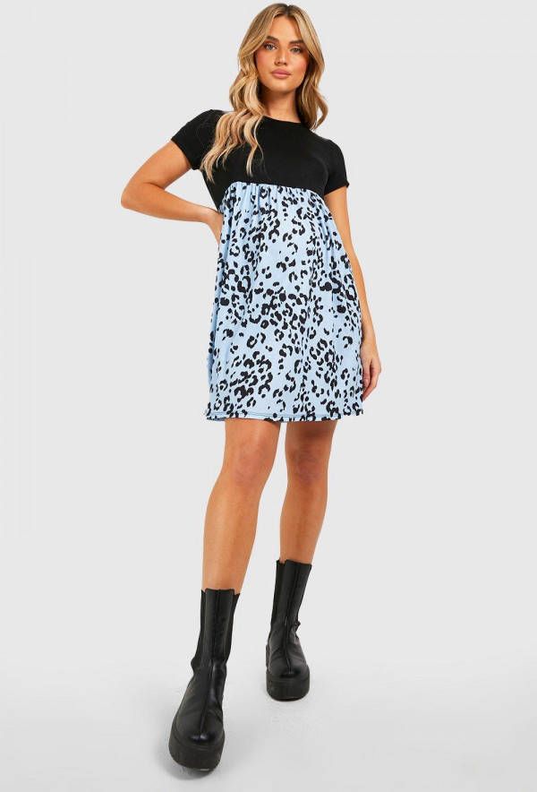 boohoo Zwangerschap Gesmokte Luipaardprint Jurk, Blue