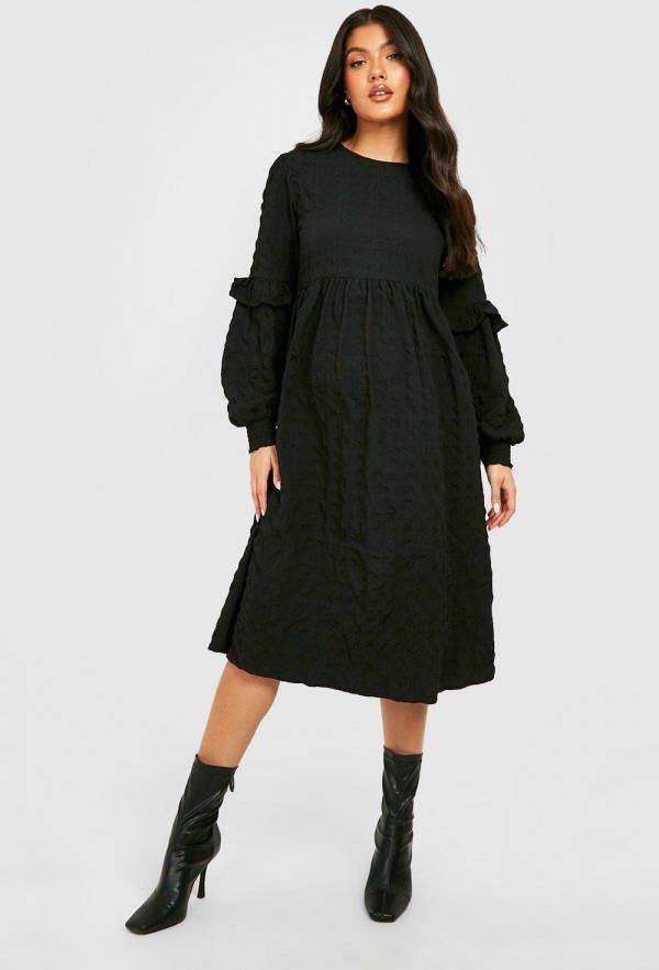 boohoo Zwangerschap Gesmokte Midi Jurk Met Textuur, Black