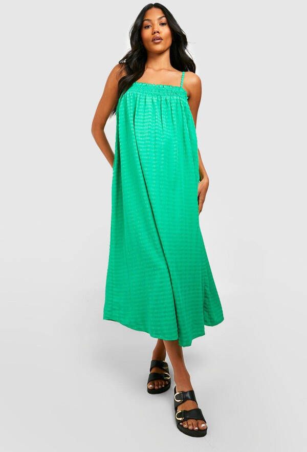 boohoo Zwangerschap Gesmokte Midi Jurk Met Textuur, Bright Green