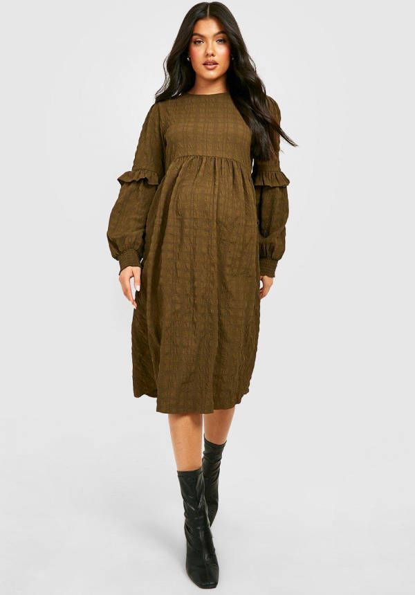 boohoo Zwangerschap Gesmokte Midi Jurk Met Textuur, Khaki