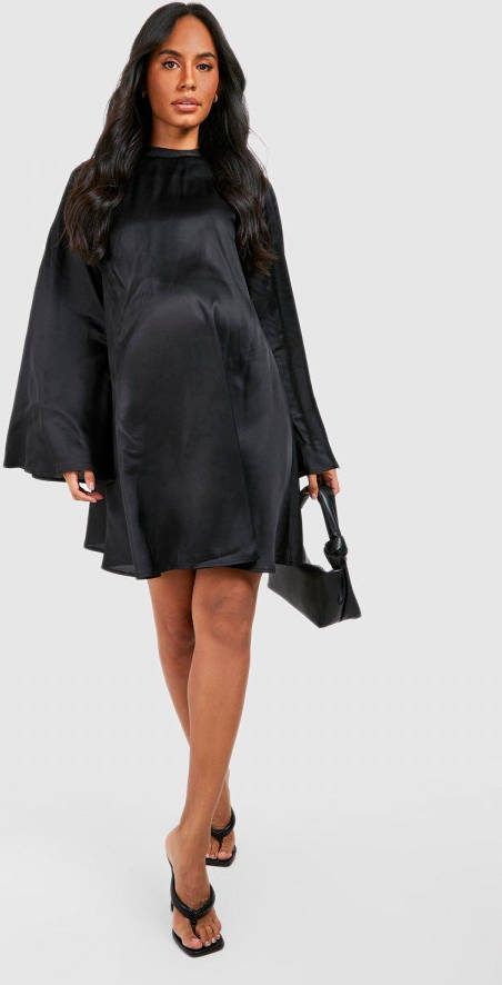 boohoo Zwangerschap Gesmokte Satijnen Jurk Met Wijde Mouwen, Black