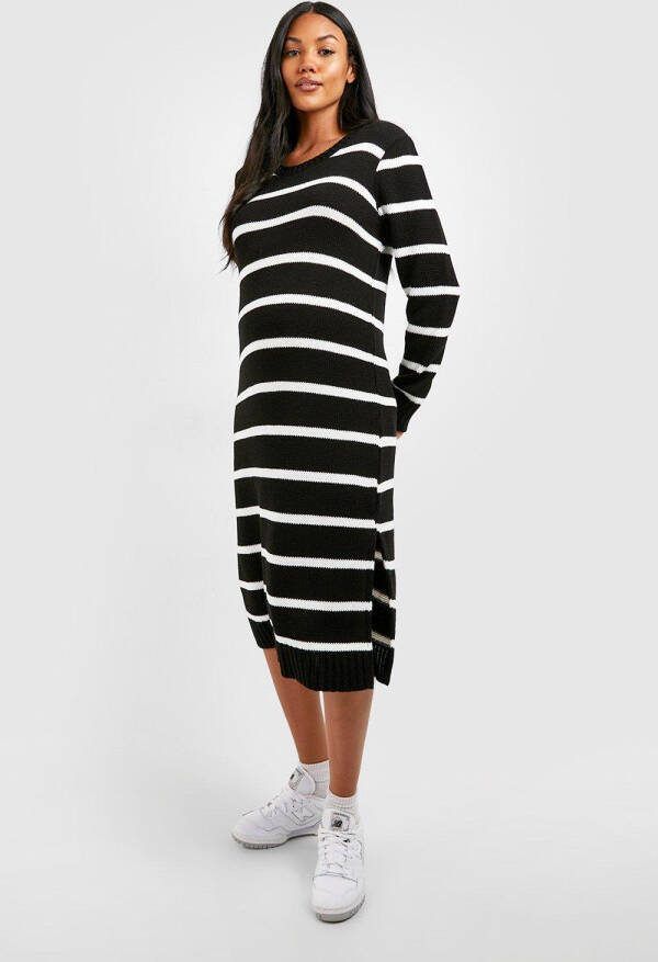 boohoo Zwangerschap Gestreepte Midi Trui Jurk Met Crewneck, Black