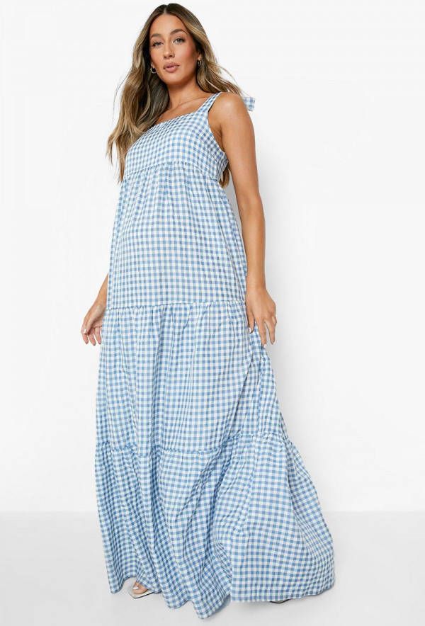 boohoo Zwangerschap Gingham Midaxi Jurk Met Laagjes En Strik, Blue