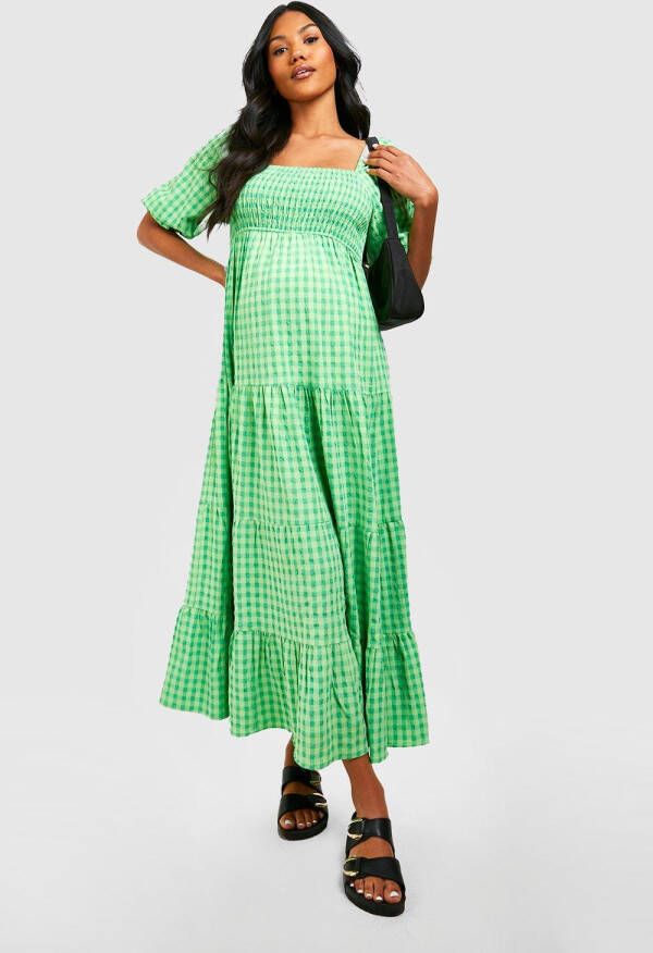 boohoo Zwangerschap Gingham Print Midaxi Jurk, Green