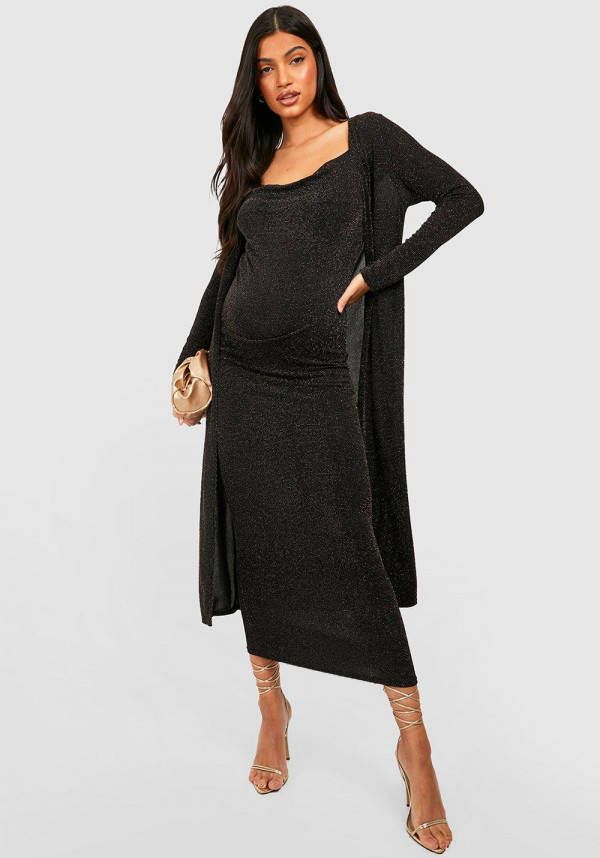 boohoo Zwangerschap Glitter Jurk Met Bandjes En Waterval Hals En Duster Jas, Gold