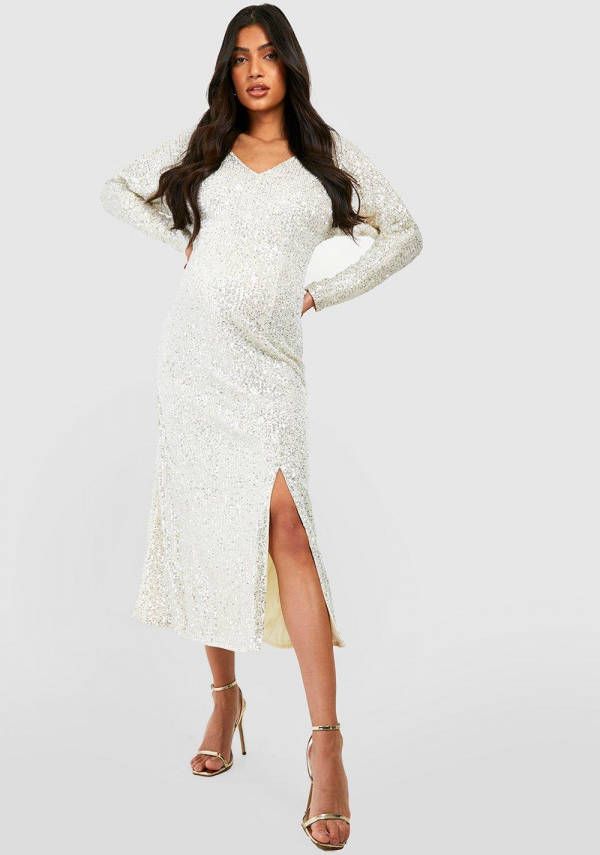 boohoo Zwangerschap Glitter Midaxi Jurk Met Pailletten En V Hals, Silver