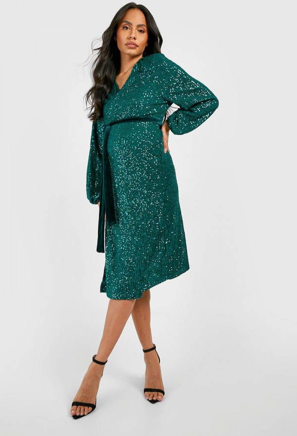 boohoo Zwangerschap Glitter Midi Jurk Met Pailletten, Riem En Pofmouwen, Emerald