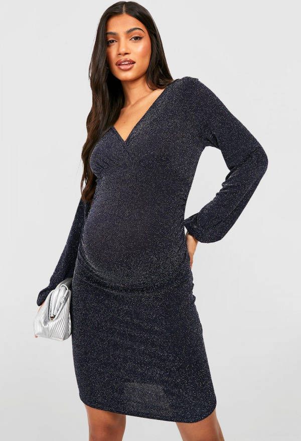 boohoo Zwangerschap Glitter Mini Wikkel Jurk, Dark Blue