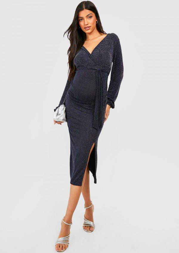 boohoo Zwangerschap Glitter Wikkel Midi Jurk Met Ceintuur, Dark Green