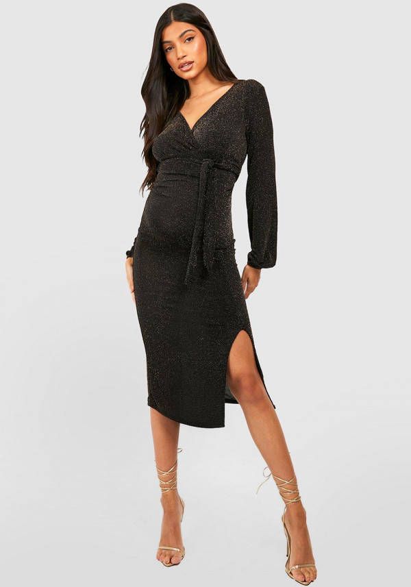 boohoo Zwangerschap Glitter Wikkel Midi Jurk Met Ceintuur, Gold