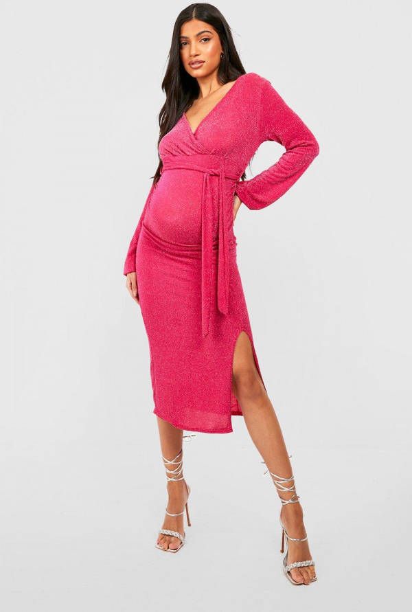boohoo Zwangerschap Glitter Wikkel Midi Jurk Met Ceintuur, Hot Pink
