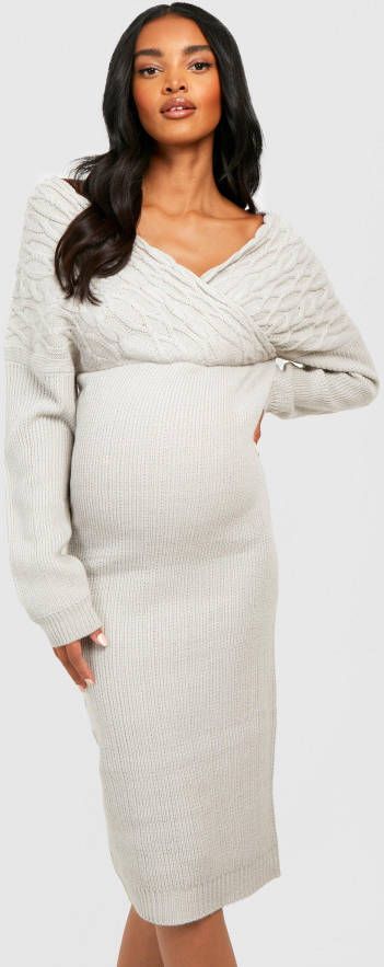 boohoo Zwangerschap Grof Gebreide Midi Wikkel Jurk, Grey Marl