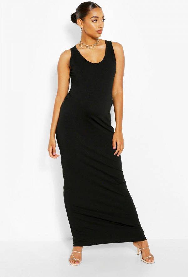 boohoo Zwangerschap Jersey Maxi Jurk Met Laag Uitgesneden Hals, Black