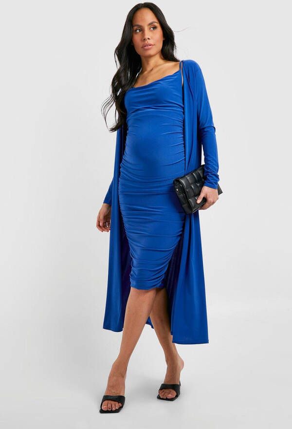 boohoo Zwangerschap Jurk Met Bandjes En Losse Col En Duster Jas, Cobalt