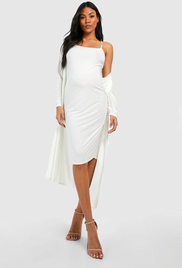 boohoo Zwangerschap Jurk Met Bandjes En Losse Col En Duster Jas Met Ceintuur, Ivory