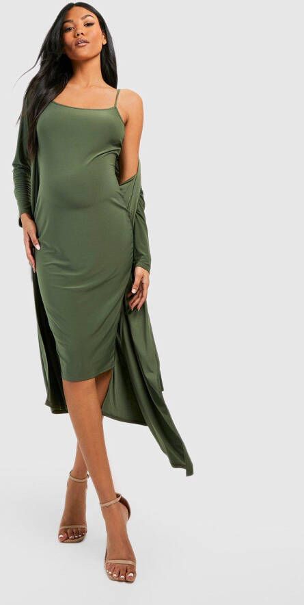 boohoo Zwangerschap Jurk Met Bandjes En Losse Col En Duster Jas Met Ceintuur, Khaki