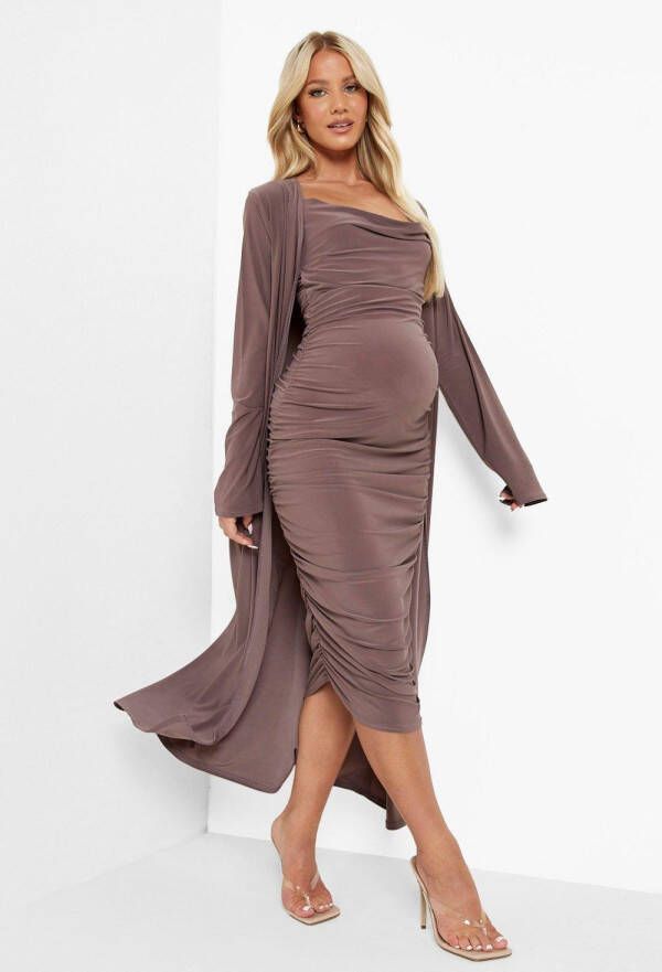 boohoo Zwangerschap Jurk Met Bandjes En Losse Col En Duster Jas, Mocha