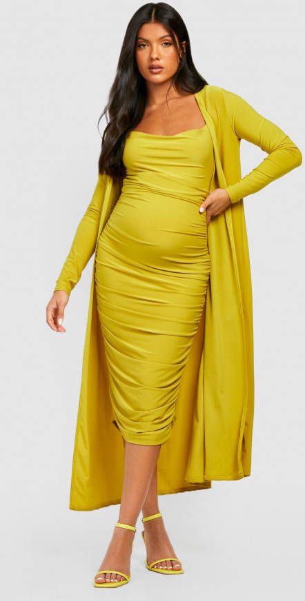 boohoo Zwangerschap Jurk Met Bandjes En Waterval Hals En Duster Jas, Lime