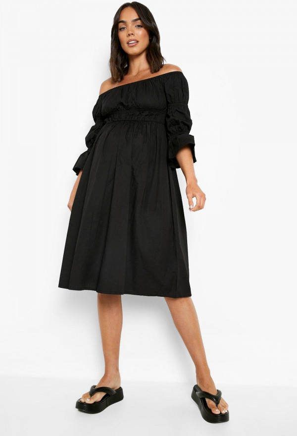 boohoo Zwangerschap Katoenen Bardot Midi Jurk, Black