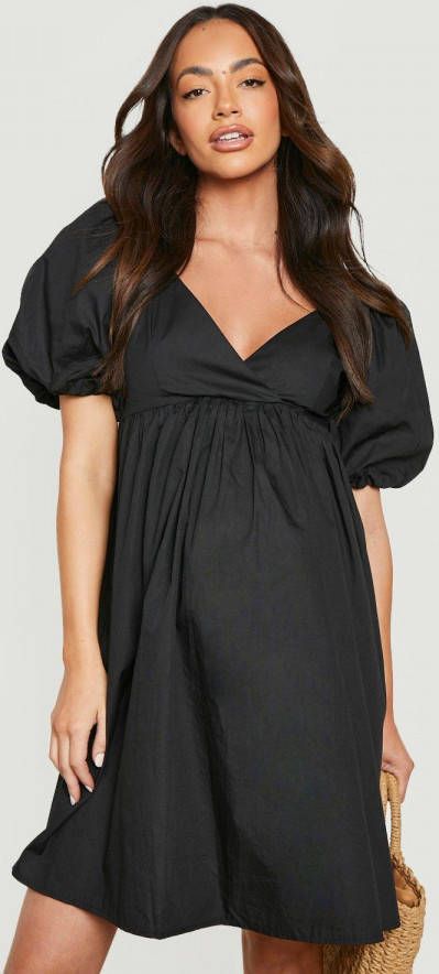 boohoo Zwangerschap Katoenen Gesmokte Wikkel Jurk, Black