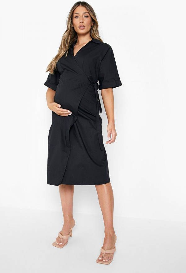 boohoo Zwangerschap Katoenen Wikkel Midi Blouse Jurk, Black