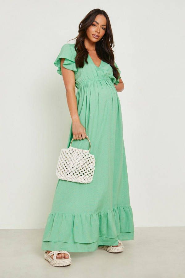 boohoo Zwangerschap Linnen Maxi Jurk Met Geplooide Zoom, Green