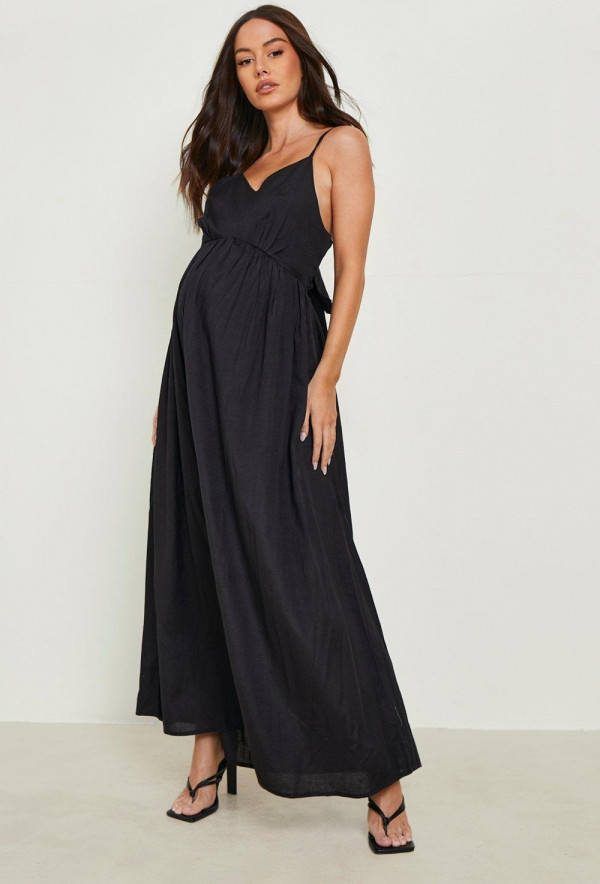 boohoo Zwangerschap Linnen Midi Jurk Met Rug Strik, Black
