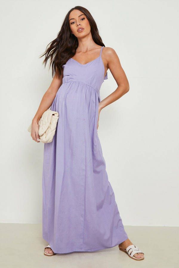 boohoo Zwangerschap Linnen Midi Jurk Met Rug Strik, Purple