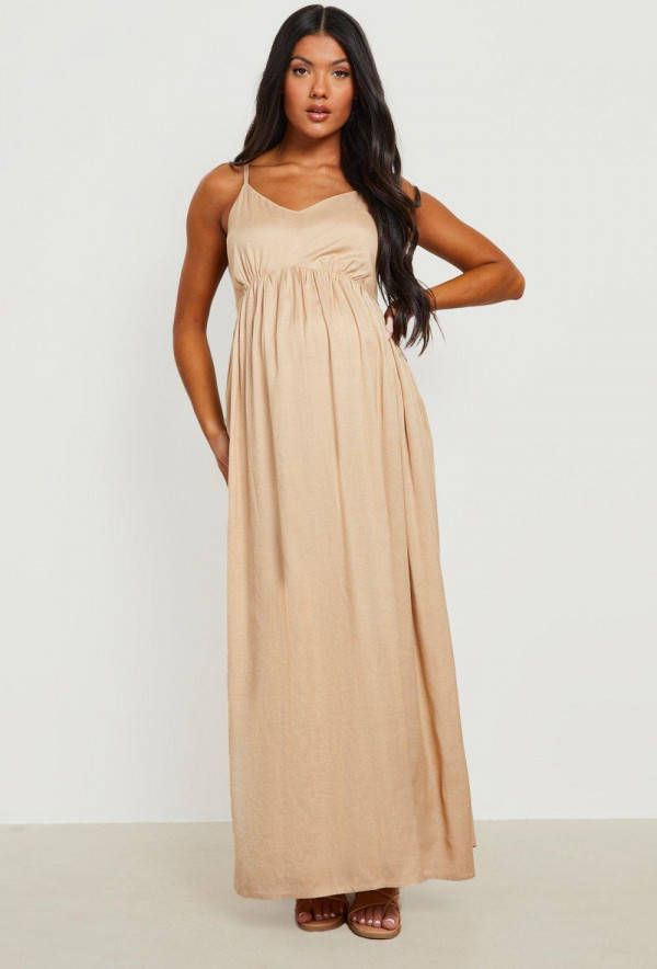 boohoo Zwangerschap Linnen Midi Jurk Met Rug Strik, Stone