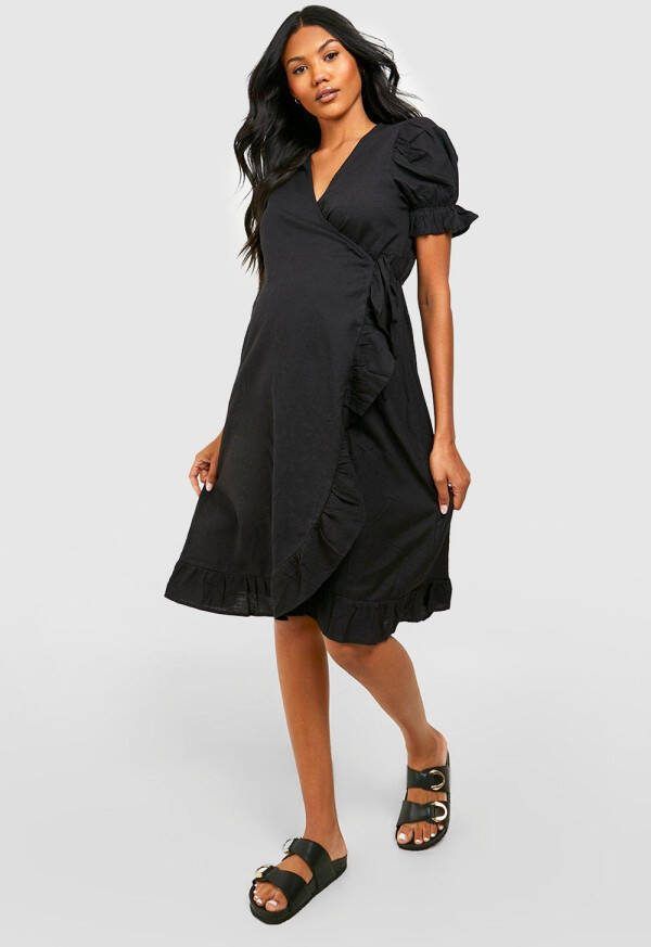 boohoo Zwangerschap Linnen Midi Wikkel Jurk Met Ruches, Black