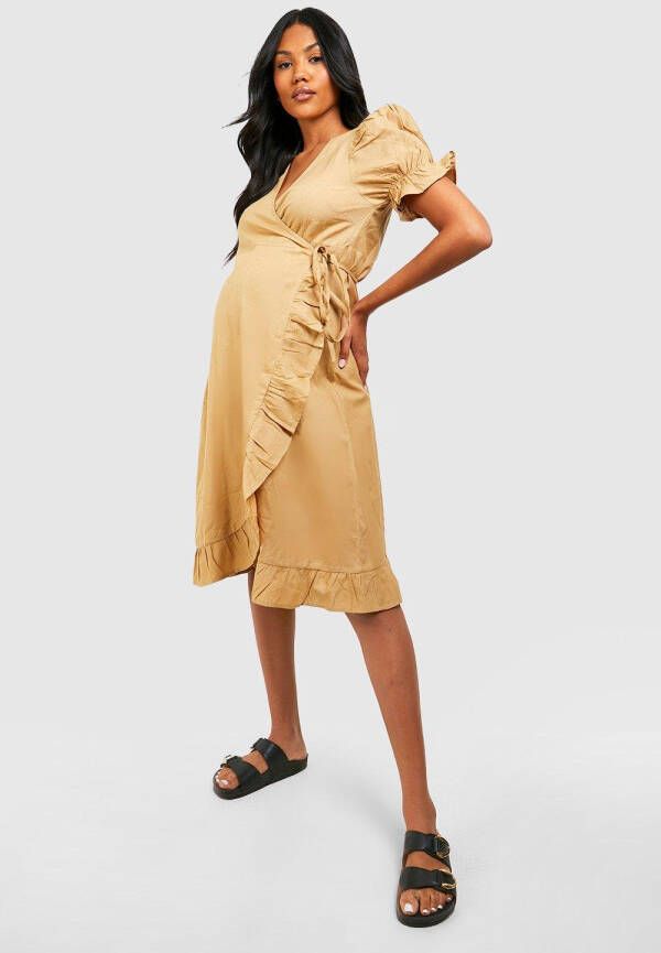 boohoo Zwangerschap Linnen Midi Wikkel Jurk Met Ruches, Stone