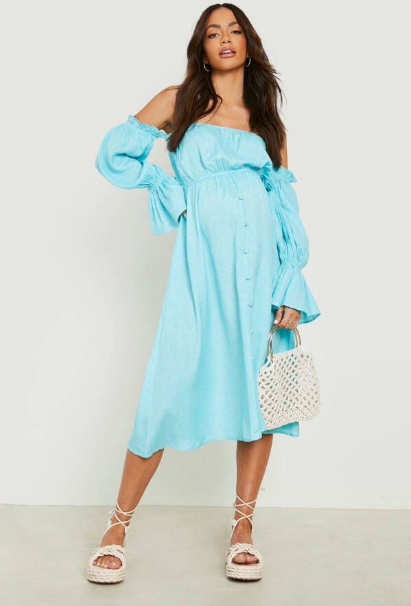 boohoo Zwangerschap Linnen Off Shoulder Midi Jurk Met Pofmouwen, Blue