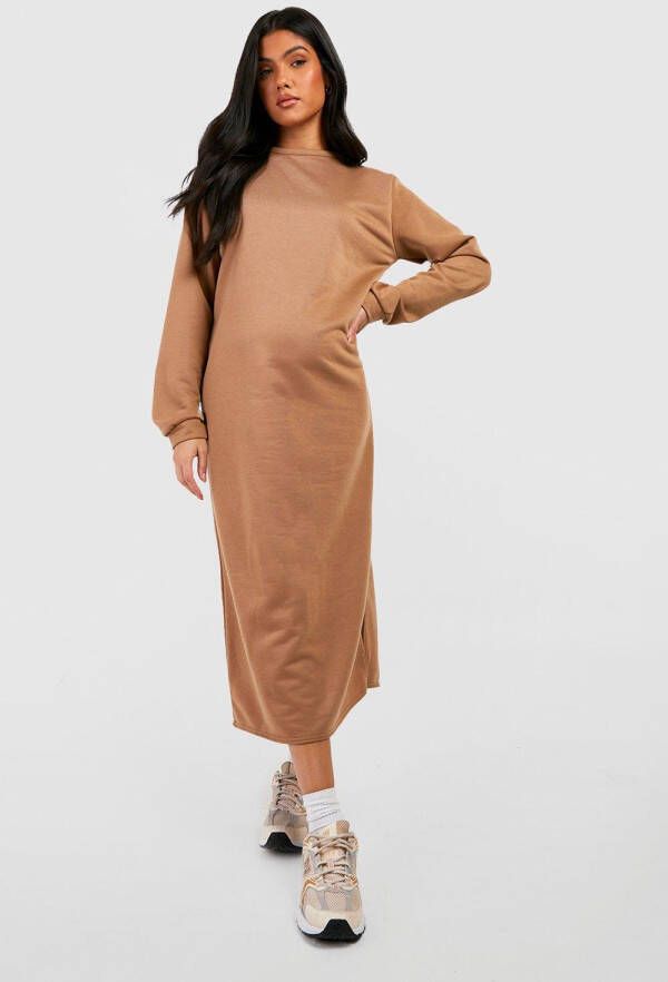 boohoo Zwangerschap Long Line Trui Jurk Met Split, Camel
